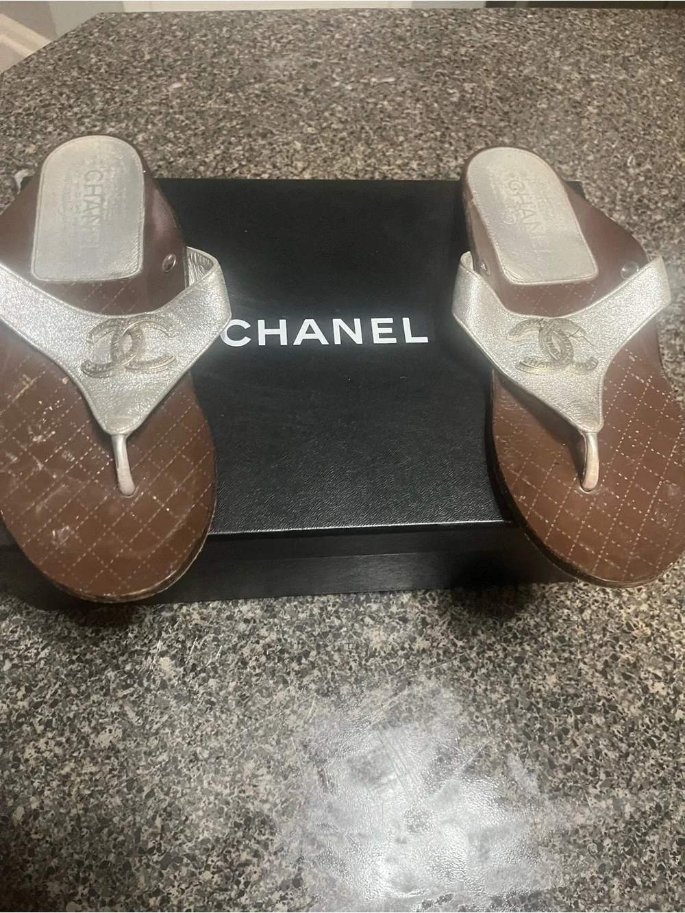 CHANEL Silver Metallic Thong Sandals with Brown Quilted Footbed
